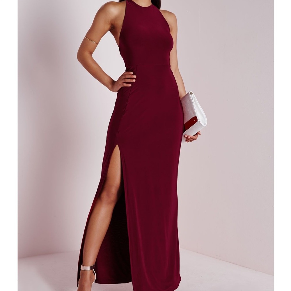 Silky side split max dress burgundy missguided